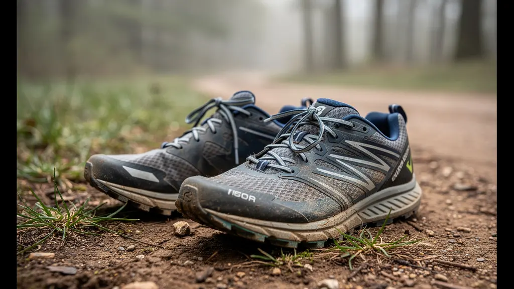 Chaussures de running posées sur sentier après une sortie outdoor
