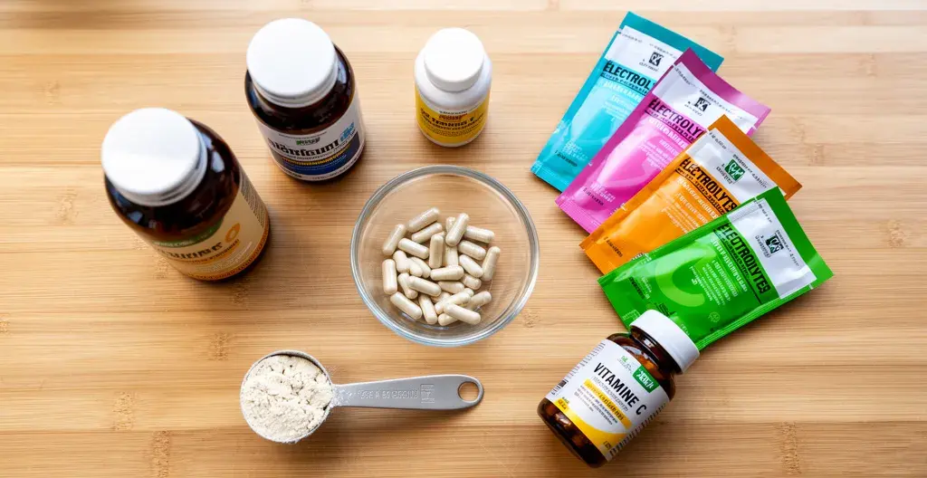 Différents compléments alimentaires pour running disposés sur plan de travail en bois