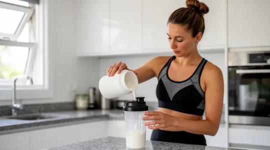 Coureuse française préparant son shaker de protéines dans sa cuisine moderne avant l'entraînement