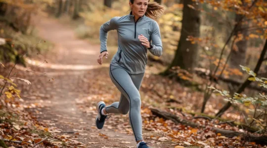 Runneuse en tenue technique courant sur sentier forestier automnal